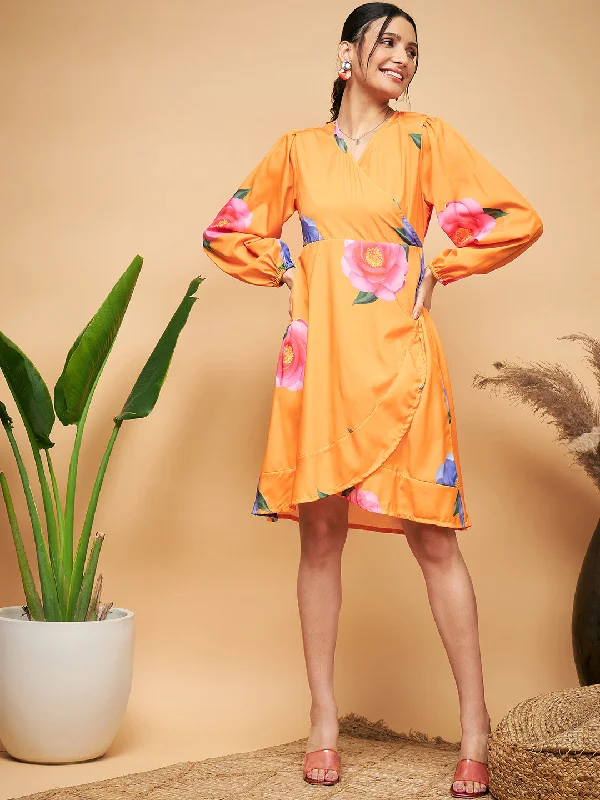 InWeave Women's Haldi Yellow Pink Mauve Flower Belted Dress