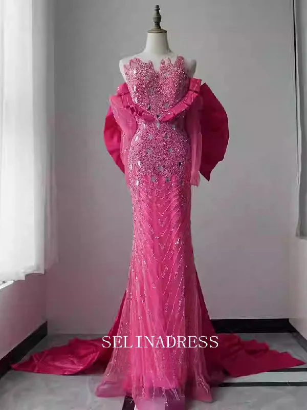 Chic Strapless Beaded Long Prom Dresses With Bow One the Back Elegant Hot Pink Evening Dress TKL3090 Chic Strapless Beaded Long Prom Dresses With Bow One the Back Elegant Hot Pink Evening Dress TKL3090