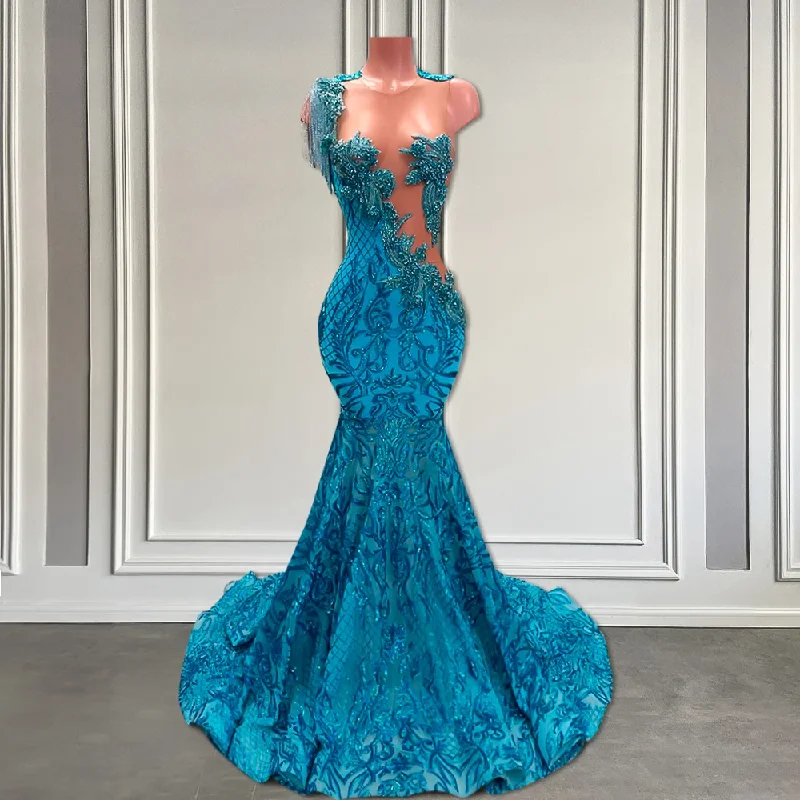 Sparkly Lace Peacock Blue Prom Dress Long 2024 Luxury Beaded Black Girls Mermaid Fitted Prom Gowns with Tassel Sparkly Lace Peacock Blue Prom Dress Long 2024 Luxury Beaded Black Girls Mermaid Fitted Prom Gowns with Tassel