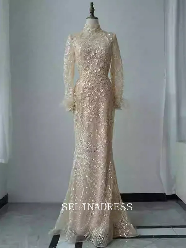 Chic Mermaid High Neck Long Sleeve Prom Dresses Elegant Beaded Evening Dress TKL3083 Chic Mermaid High Neck Long Sleeve Prom Dresses Elegant Beaded Evening Dress TKL3083