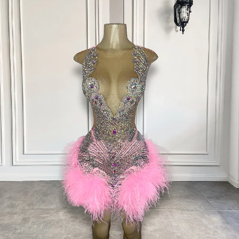 Luxury Sexy See Through Women Birthday Party Formal Gowns Sparkly Crystals Diamond Black Girl Feather Short Prom Dresses Luxury Sexy See Through Women Birthday Party Formal Gowns Sparkly Crystals Diamond Black Girl Feather Short Prom Dresses