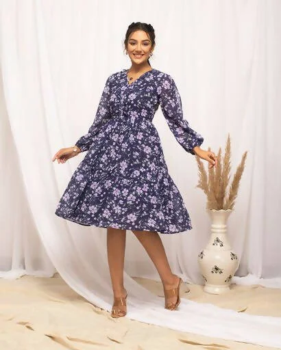 FIORRA Women's Blue Georgette Floral Printed Western Dress
