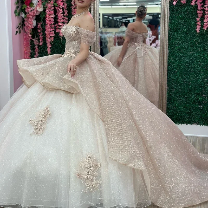 Ivory Glitter Crystal Ruffles Ball Gown Quinceanera Dresses Off The Shoulder Applique Beading Corset Vestido De 15 Anos Ivory Glitter Crystal Ruffles Ball Gown Quinceanera Dresses Off The Shoulder Applique Beading Corset Vestido De 15 Anos