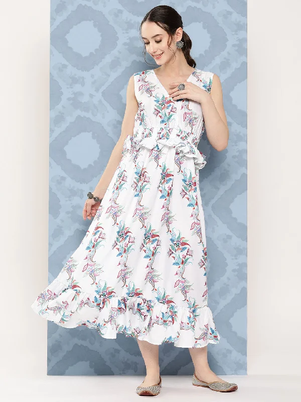 InWeave Women's White Floral Paisley Print Long Frill Dress