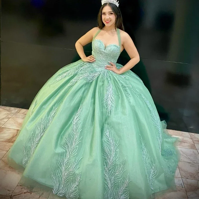 Green Shiny Sweetheart Quinceanera Dress Off The Shoulder Ball Gown Lace Beads Corset Sweet 15 Vestidos De XV Años Green Shiny Sweetheart Quinceanera Dress Off The Shoulder Ball Gown Lace Beads Corset Sweet 15 Vestidos De XV Años