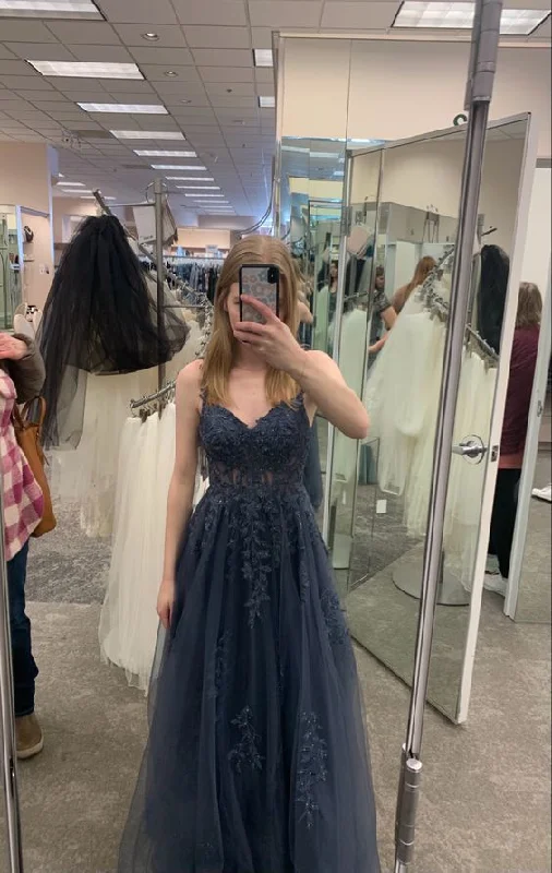 A-line v neck tulle lace long prom dress, tulle formal dress cc1226
