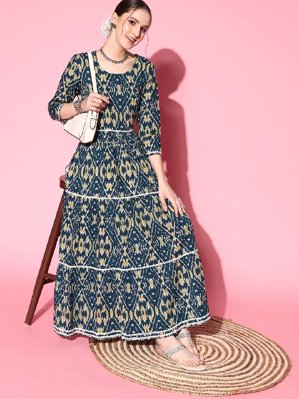 InWeave Women's Blue Ikkat Print Tiered Dress With Lace