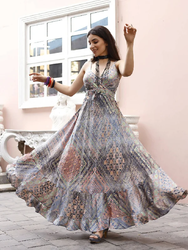 Blue Crepe Foil Printed Long Dress - Michan