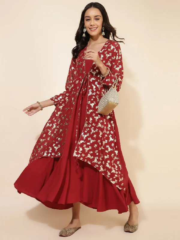 Janasya Women's Red Georgette Foil Printed Festive Flared Dress Set