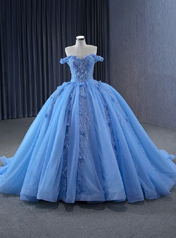 Glitter Blue Ball Gown Tulle Off the Shoulder Sequins Appliques Prom Dress  cc1724