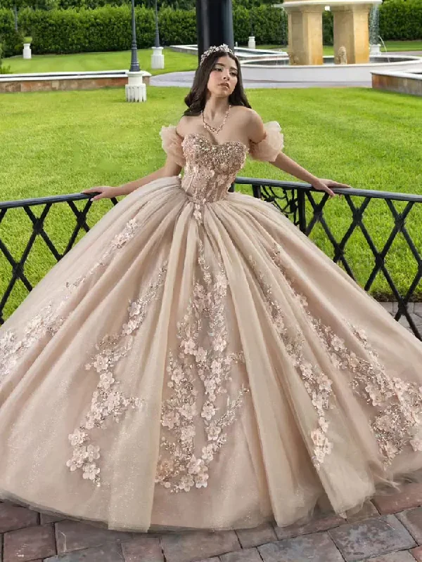 Champagne Detachable Sleeve Crystal Beading Ball Gown Quinceanera Dresses 3D Flowers Appliques Lace Corset Vestidos De 15 Años Champagne Detachable Sleeve Crystal Beading Ball Gown Quinceanera Dresses 3D Flowers Appliques Lace Corset Vestidos De 15 Años