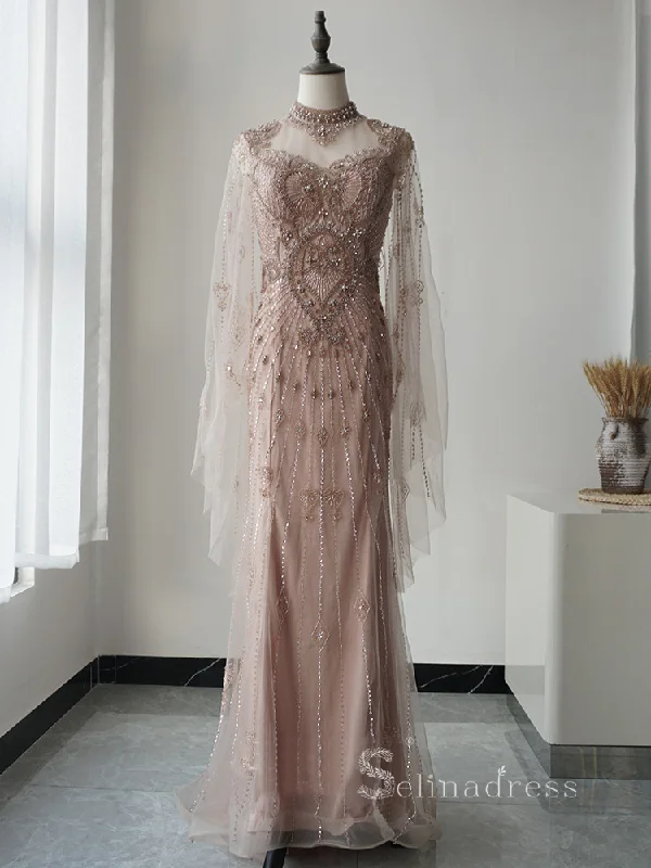 Sheath/Column High Neck Long Sleeve Beaded Long Prom Dress luxurious Dubai Evening Gowns ASB004 Sheath/Column High Neck Long Sleeve Beaded Long Prom Dress luxurious Dubai Evening Gowns ASB004