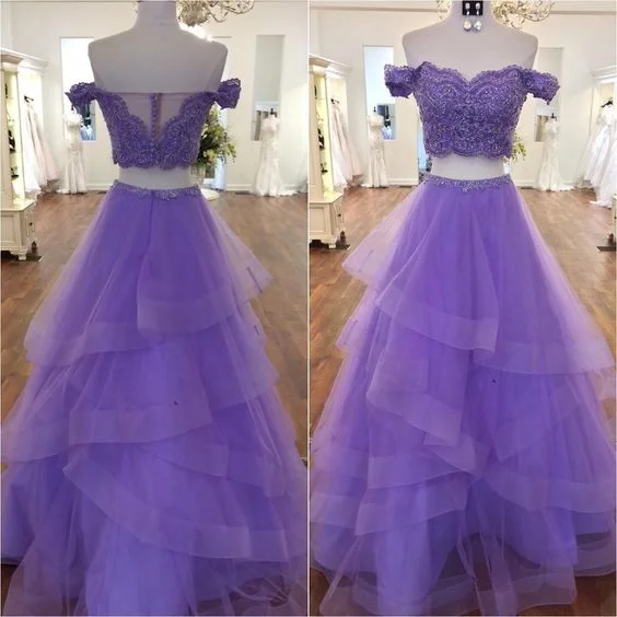 Lavender Tulle Two-Piece Off-the-Shoulder Lace Applique Long Prom Dress With Beading C396 Lavender Tulle Two-Piece Off-the-Shoulder Lace Applique Long Prom Dress With Beading C396