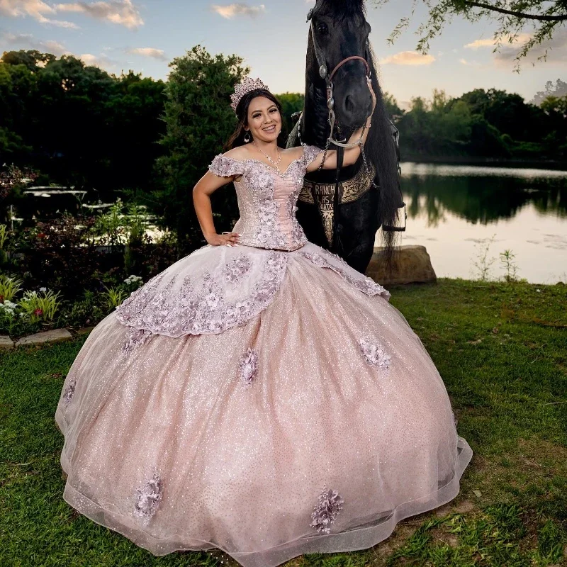 Pink Sweetheart Shiny Off the Shoulder Ball Gown Beaded Quinceanera Dress Princess Corset Dresses Appliques Flower Beads Vestido Pink Sweetheart Shiny Off the Shoulder Ball Gown Beaded Quinceanera Dress Princess Corset Dresses Appliques Flower Beads Vestido