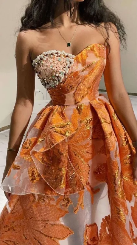 Luxurious Orange Tulle Print Floral Homecoming Dress Strapless Pearls Short Prom Dress cc2399 Luxurious Orange Tulle Print Floral Homecoming Dress Strapless Pearls Short Prom Dress cc2399