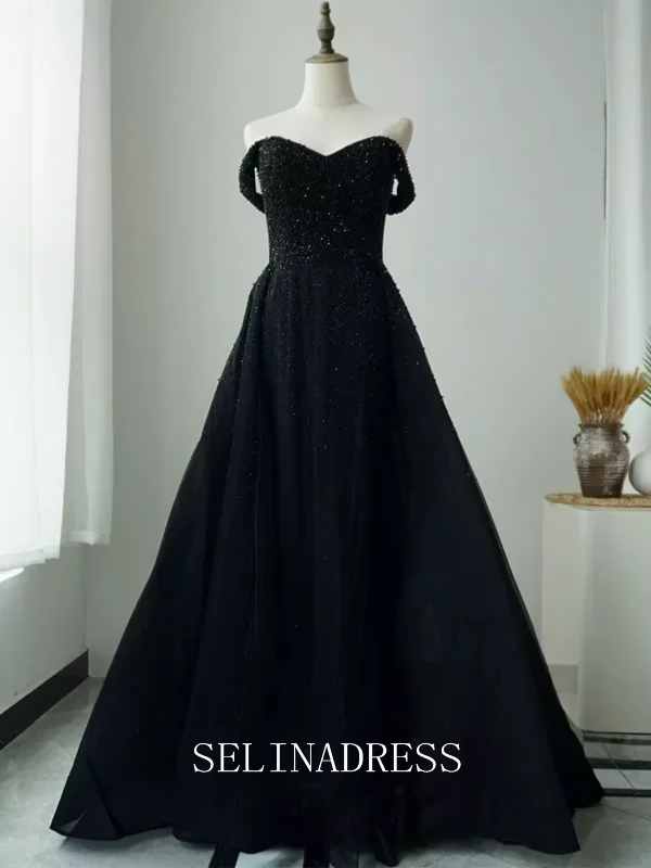 High Quality Black Beaded Long Prom Dress Off-the-shoulder Dubai Evening Formal Gown EWR101 High Quality Black Beaded Long Prom Dress Off-the-shoulder Dubai Evening Formal Gown EWR101
