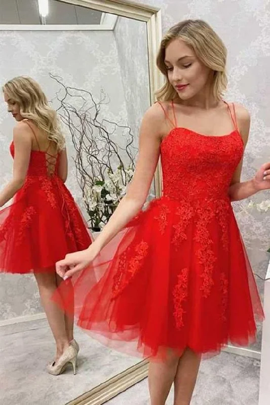 Red Lace Applique Spaghetti Straps Homecoming Dresses, Red Tulle Short Prom Dress,Cocktail Dress c2832 Red Lace Applique Spaghetti Straps Homecoming Dresses, Red Tulle Short Prom Dress,Cocktail Dress c2832