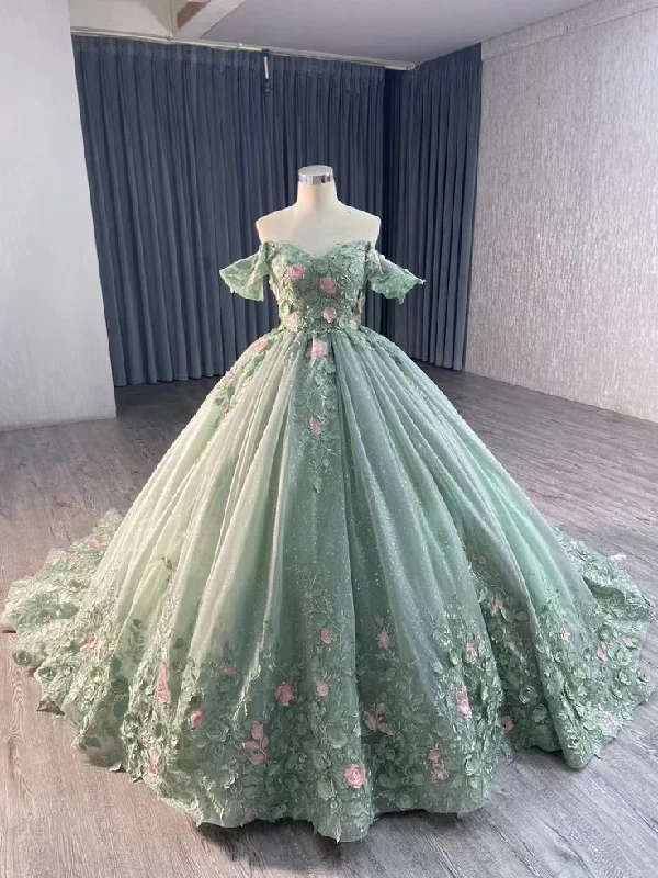 Shiny Green Ball Gown Tulle Appliques Sequins 3D Flower Sweet 16 Dress Prom Dress cc1617 Shiny Green Ball Gown Tulle Appliques Sequins 3D Flower Sweet 16 Dress Prom Dress cc1617