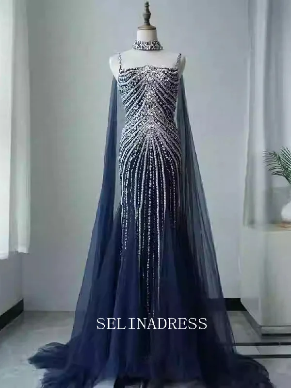 Chic Dark Navy Mermaid Straps Long Prom Dresses Elegant Beaded Evening Dress TKL3087 Chic Dark Navy Mermaid Straps Long Prom Dresses Elegant Beaded Evening Dress TKL3087