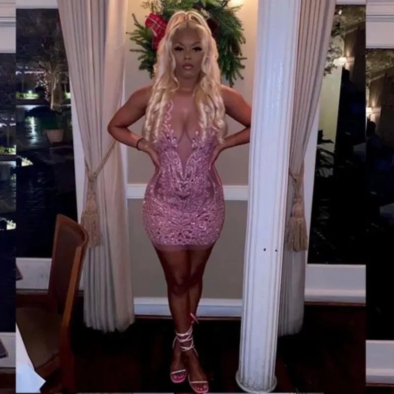 Pink Rhinestone Birthday Dresses For Black Girls Sheer Neck Short Prom Gowns Party Wear Vestidos De Gala Para Pink Rhinestone Birthday Dresses For Black Girls Sheer Neck Short Prom Gowns Party Wear Vestidos De Gala Para