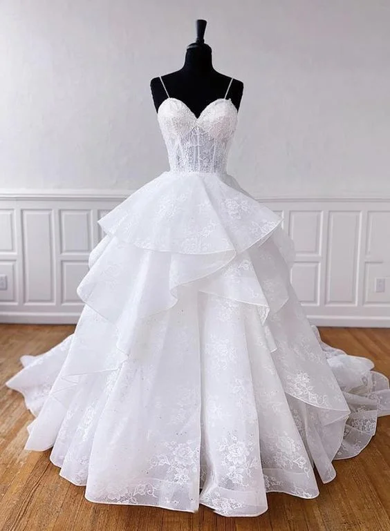 White tulle lace long prom gown formal dress C1840