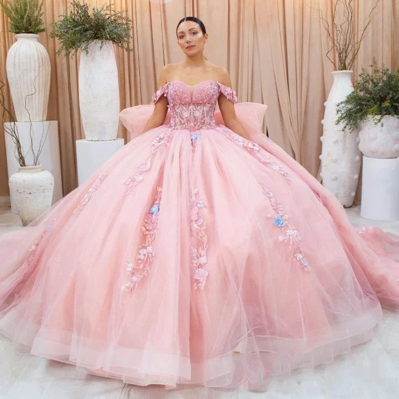 Mexico Pink Sweetheart Ball Gown Quinceanera Dress For Girls Beaded Appliques Lace Tull Birthday Party Gowns Prom Sweet vestidos Mexico Pink Sweetheart Ball Gown Quinceanera Dress For Girls Beaded Appliques Lace Tull Birthday Party Gowns Prom Sweet vestidos