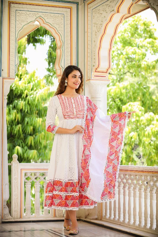 NOZ2TOZ Women Floral Schiflli Mirror Work Fit Flare Midi Cotton Ethnic Dress Dupatta - White