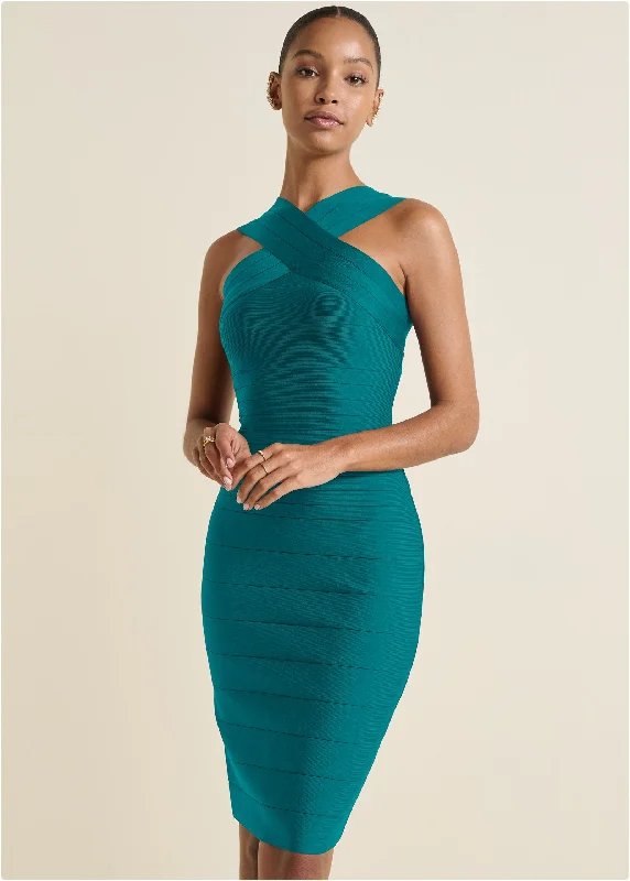 Cross-Neck Bandage Dress - Teal