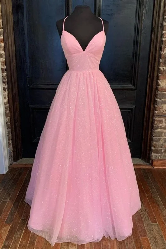 Empire Pink Shiny Tulle Long Prom Dress C1530