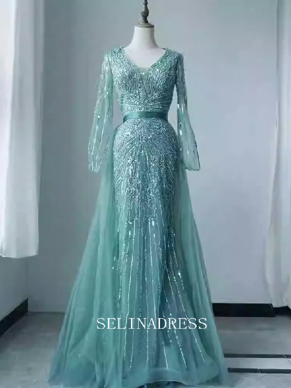 Chic Mermaid Long Sleeve Beaded Prom Dresses Elegant Evening Dress TKL3080