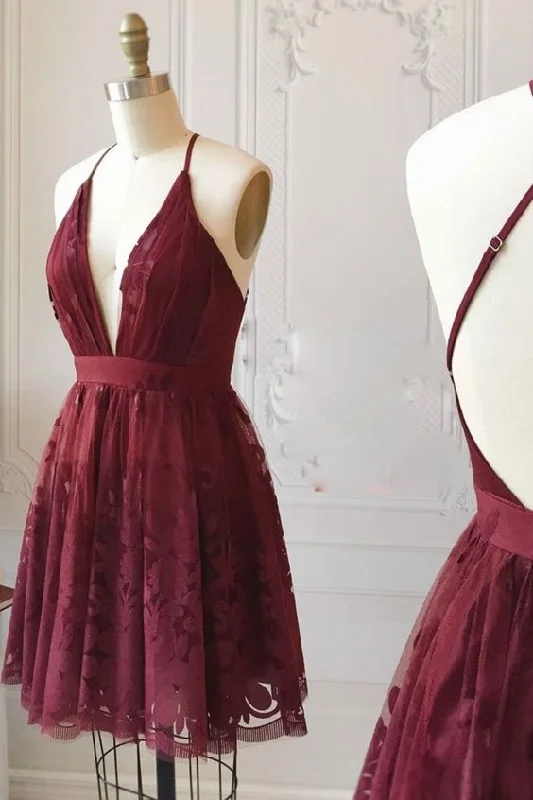 Simple lace v neck tulle short prom dress, homecoming dress C432