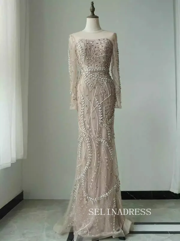 Luxurious Champagne Arabic Long Sleeves Beaded Long Formal Evening Dress With Skirt ALI0012 Luxurious Champagne Arabic Long Sleeves Beaded Long Formal Evening Dress With Skirt ALI0012
