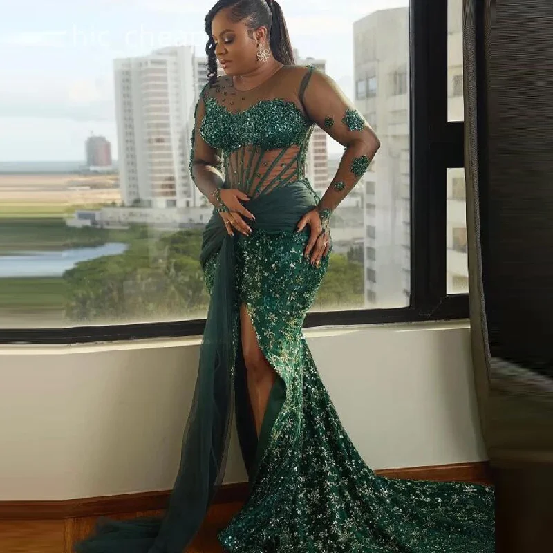 Lace Aso Ebi Evening Dresses Illusion Neckline Long Sleeves Mermaid Prom Dress Exposed Boning Special Occasion Party Gowns Lace Aso Ebi Evening Dresses Illusion Neckline Long Sleeves Mermaid Prom Dress Exposed Boning Special Occasion Party Gowns