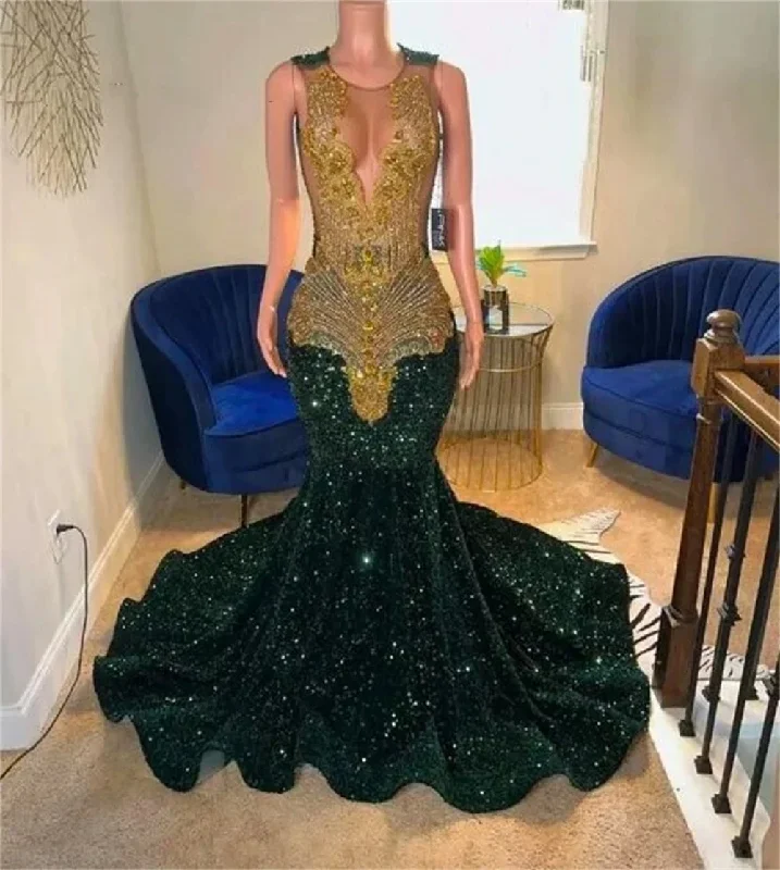 Unique Green Sequin Gold Crystal Beaded Mermaid Prom Dresses 2024 Sexy Sheer Mesh Luxury Handmade Diamond Black Girl Gala Gowns Unique Green Sequin Gold Crystal Beaded Mermaid Prom Dresses 2024 Sexy Sheer Mesh Luxury Handmade Diamond Black Girl Gala Gowns