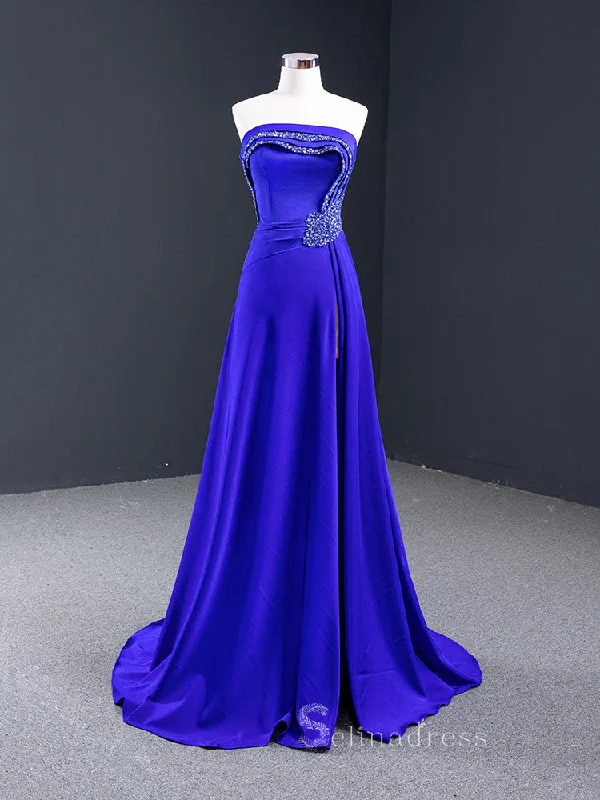 A-line Strapless Royal Blue Luxury Prom Dress Beaded Evening Gowns DWH67087