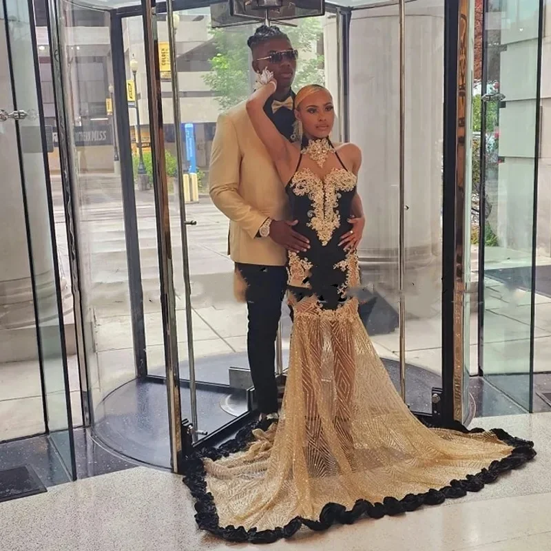 Elegant Black and Gold Sequin Prom Dress For Black Girls Luxury 2024 High Neck Lace Applique Party Gowns Vestido De Festa Gala Elegant Black and Gold Sequin Prom Dress For Black Girls Luxury 2024 High Neck Lace Applique Party Gowns Vestido De Festa Gala