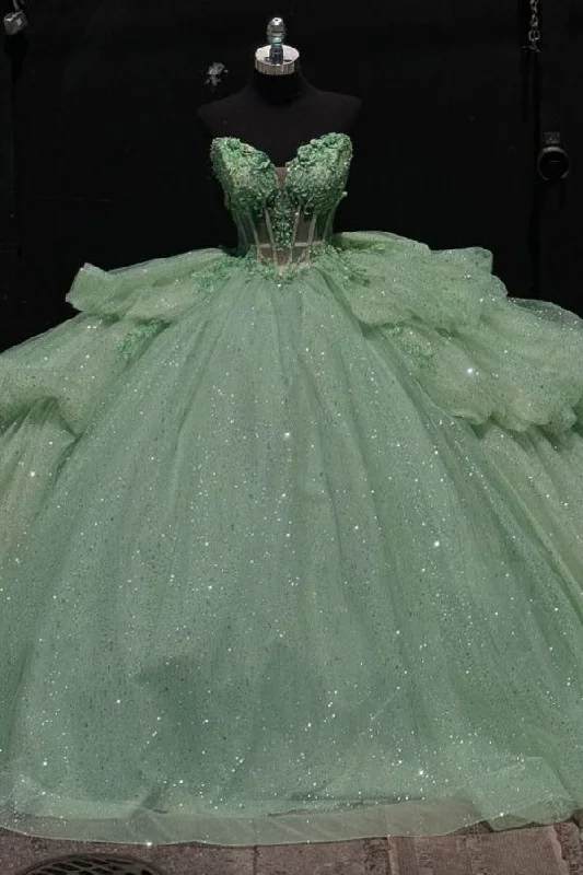 Fairy Green Tulle Sequins Appliques Quinceanera Dress Strapless Ball Gown With Bow cc2389 Fairy Green Tulle Sequins Appliques Quinceanera Dress Strapless Ball Gown With Bow cc2389