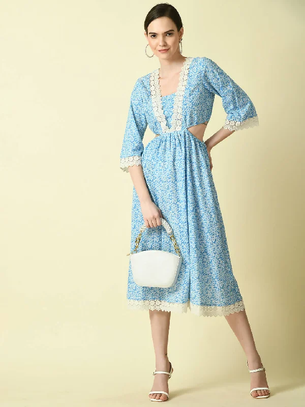 Myshka Women's Blue Floral Printed Fit and Flare Dress