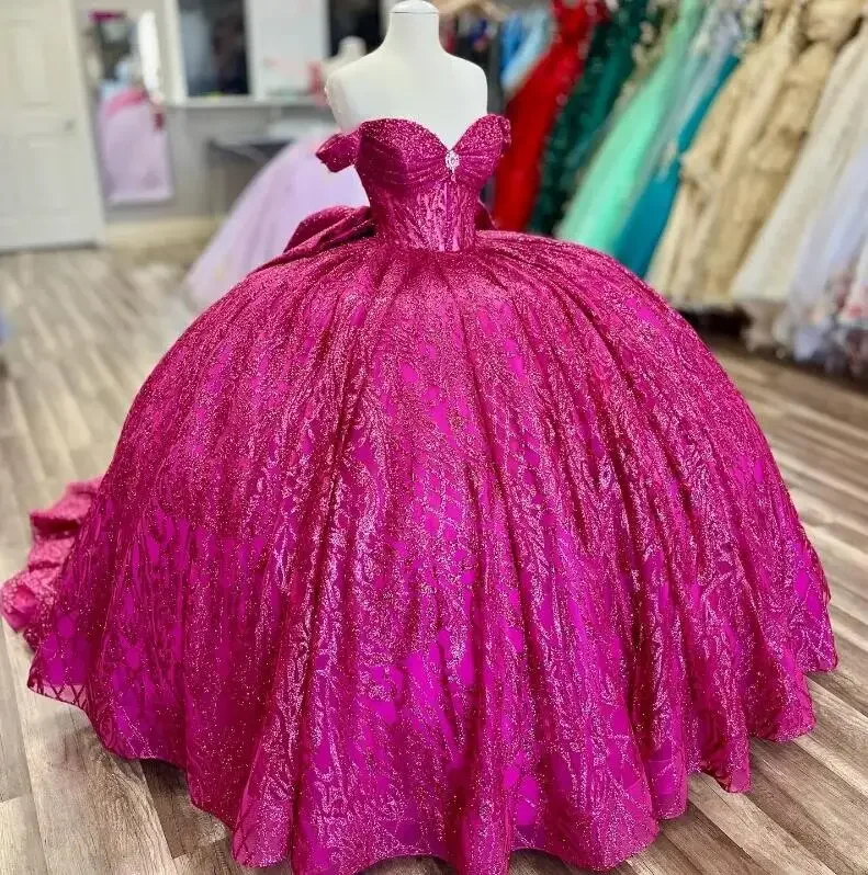 Fuchsia Pink Glitter Crystal Sequined Quinceanera Dresses Ball Gown Off The Shoulder Beading Tull Corset Vestidos 15 De XV Anos Fuchsia Pink Glitter Crystal Sequined Quinceanera Dresses Ball Gown Off The Shoulder Beading Tull Corset Vestidos 15 De XV Anos
