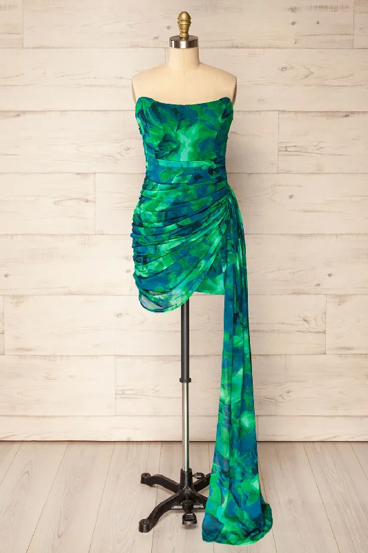 Frejus | Strapless Blue-Green Abstract Print Dress