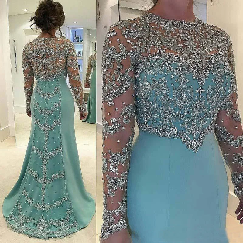 Vintage Mermaid Mother Of The Bride Evening Dress Long Sleeve Beads Crystal Lace Appliqued Plus Size Satin Bridal Formal Dresses Vintage Mermaid Mother Of The Bride Evening Dress Long Sleeve Beads Crystal Lace Appliqued Plus Size Satin Bridal Formal Dresses