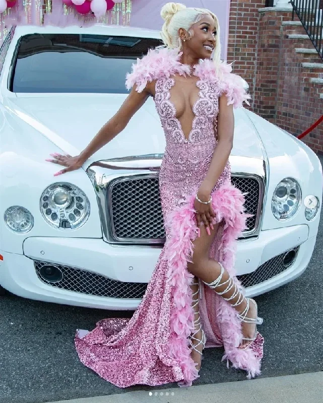 Sparkly Pink Plus Size Mermaid Prom Dresses 2024 Glitter Sequins Bead Feather Sweep Train Vestidos Birthday Party Gowns Sparkly Pink Plus Size Mermaid Prom Dresses 2024 Glitter Sequins Bead Feather Sweep Train Vestidos Birthday Party Gowns