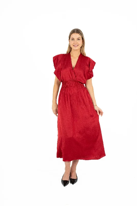 Fixed-Wrapped Front V-Neck Dress With Cap-Sleeves