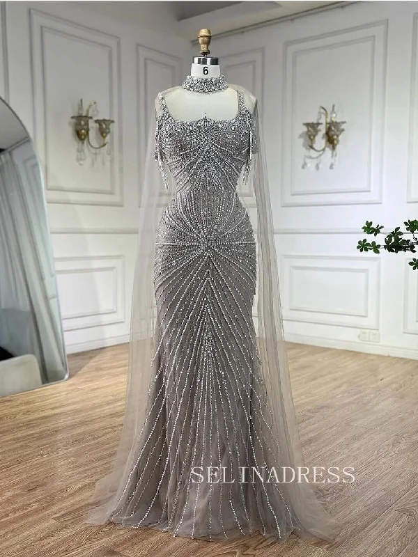 Luxurious Silver Arabic Cape Sleeves Beaded Long Formal Evening Dress ALI011