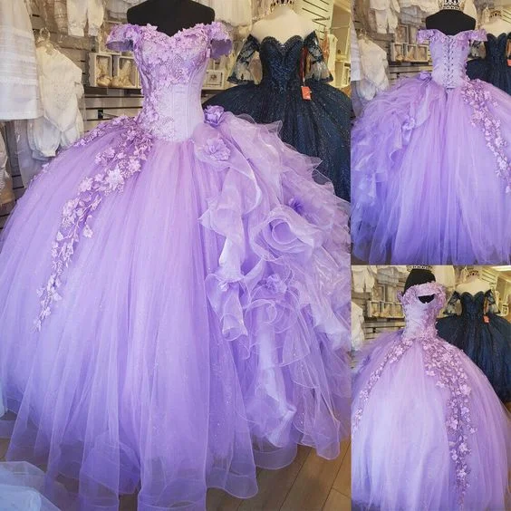 Off-The-Shoulder Lavender Tulle Quinceanera Dresses Flowers Ball Gown Sweet 15 C1601 Off-The-Shoulder Lavender Tulle Quinceanera Dresses Flowers Ball Gown Sweet 15 C1601