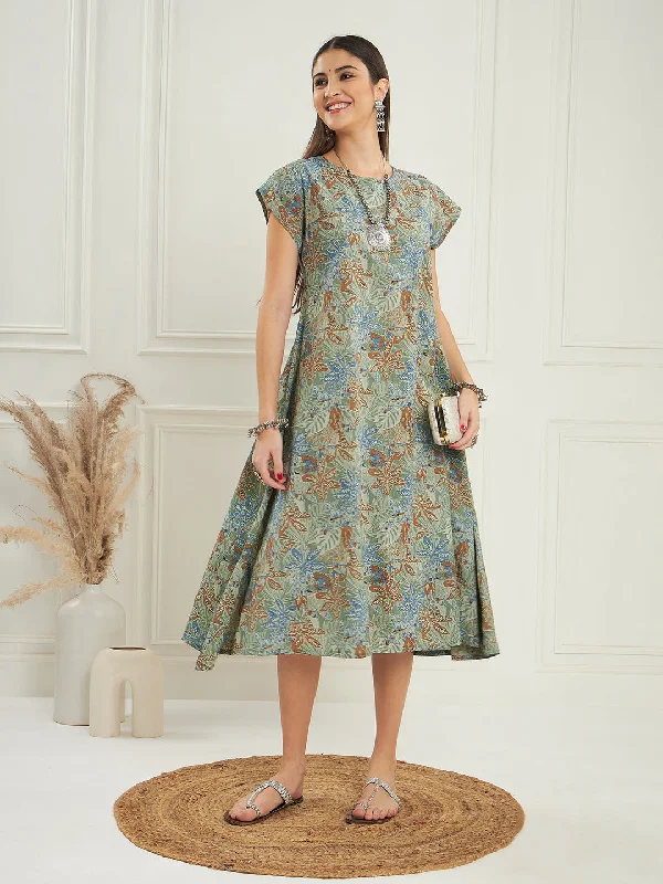 InWeave Women's Dull Green Leaf Floral Print A Line Dress