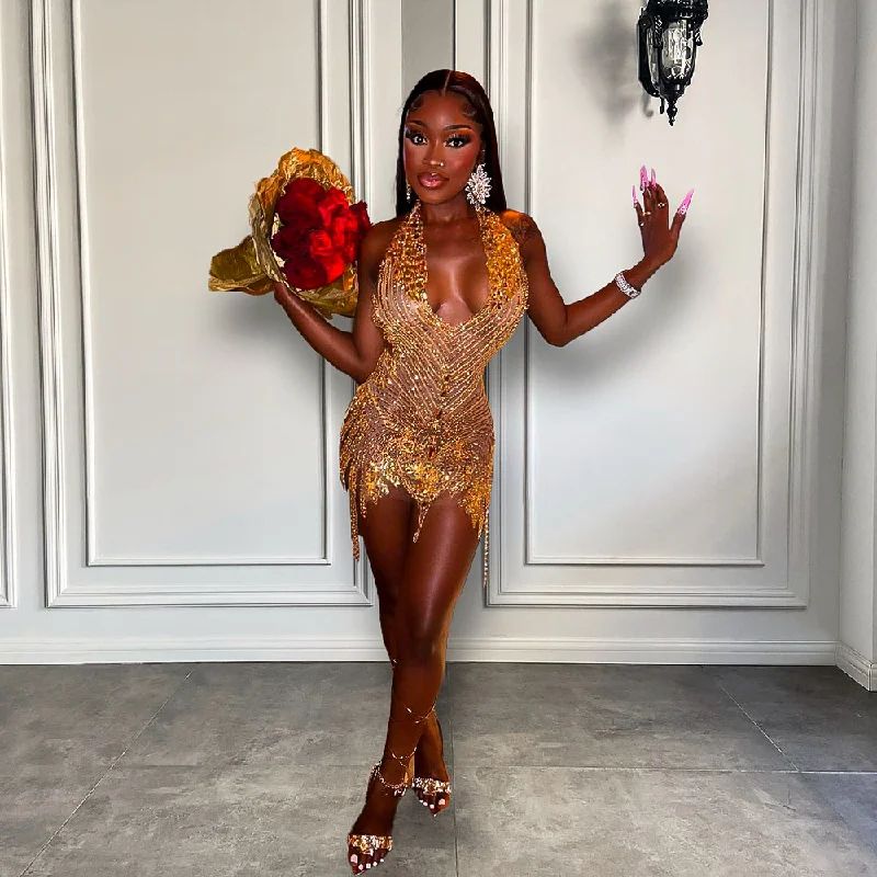 Luxury Sparkly Gold Diamond Rhinestone Women Birthday Party Formal Gowns See Through Short Black Girls Prom Dresses Luxury Sparkly Gold Diamond Rhinestone Women Birthday Party Formal Gowns See Through Short Black Girls Prom Dresses
