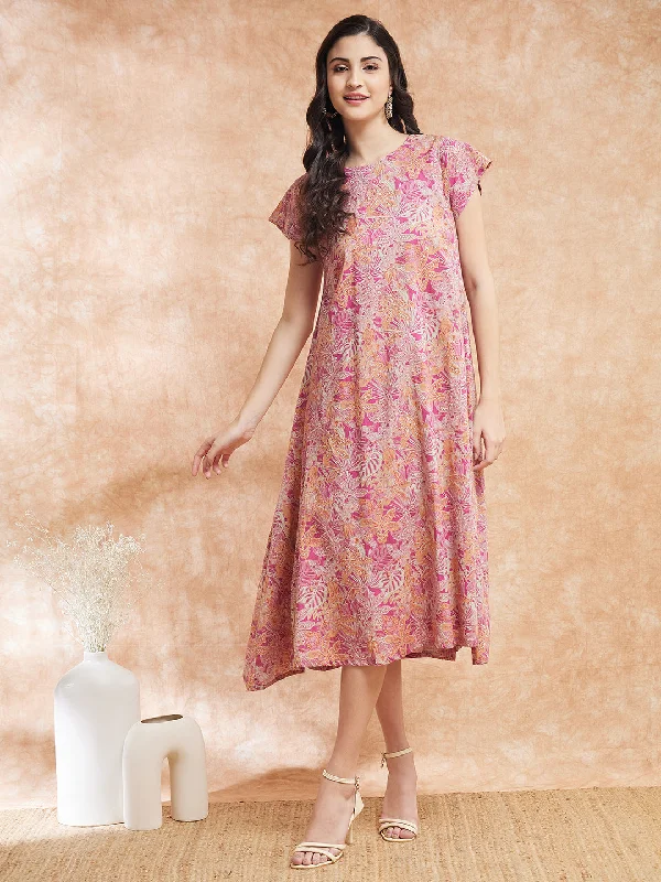 InWeave Women's Pink Coral Floral Print A Line Dress