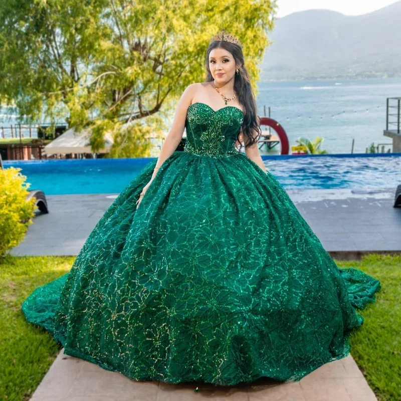 Emerald Green Shiny Sweetheart Quinceanera Dresses For Sweet 15 Year Sexy Off the Shoulder Puffy Ball Gown Lace Beads Princess Emerald Green Shiny Sweetheart Quinceanera Dresses For Sweet 15 Year Sexy Off the Shoulder Puffy Ball Gown Lace Beads Princess