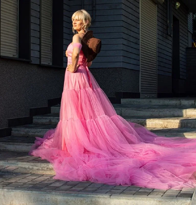 Sexy Off Shoulder فساتين سهره فاخره2023 Pink Tulle Back Straps Prom Dresses Elegantly Long Sweep Tail Vestidos De Noche Sexy Off Shoulder فساتين سهره فاخره2023 Pink Tulle Back Straps Prom Dresses Elegantly Long Sweep Tail Vestidos De Noche